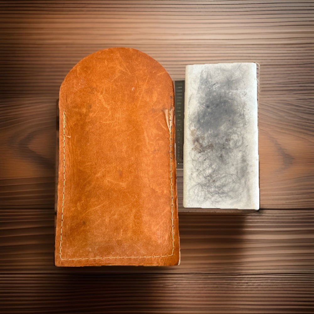 Vintage Sharpening Stone With Stitched Leather Pouch